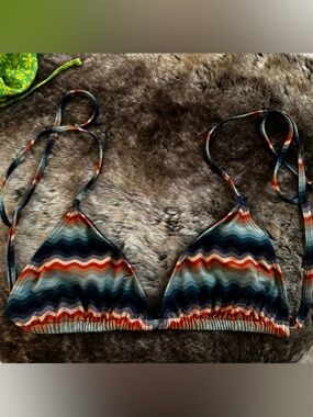 Kulani Kinis Multicolor Wavy Stripe Triangle Bikini Top - Navy, Red, Teal